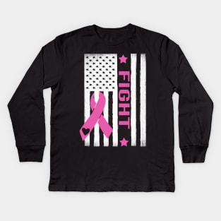 Fight USA Flag Breast Cancer Awareness Month Kids Long Sleeve T-Shirt